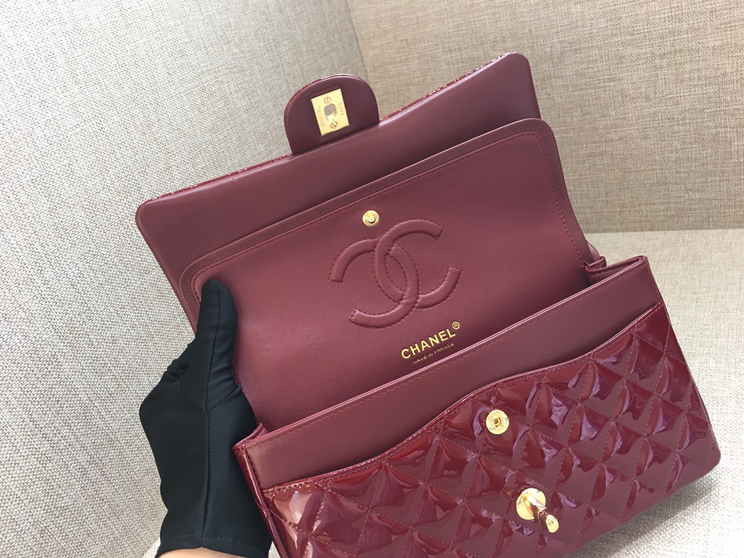 Medium Classic Flap Patent Leather Bag AO1112 Dark Red/Gold